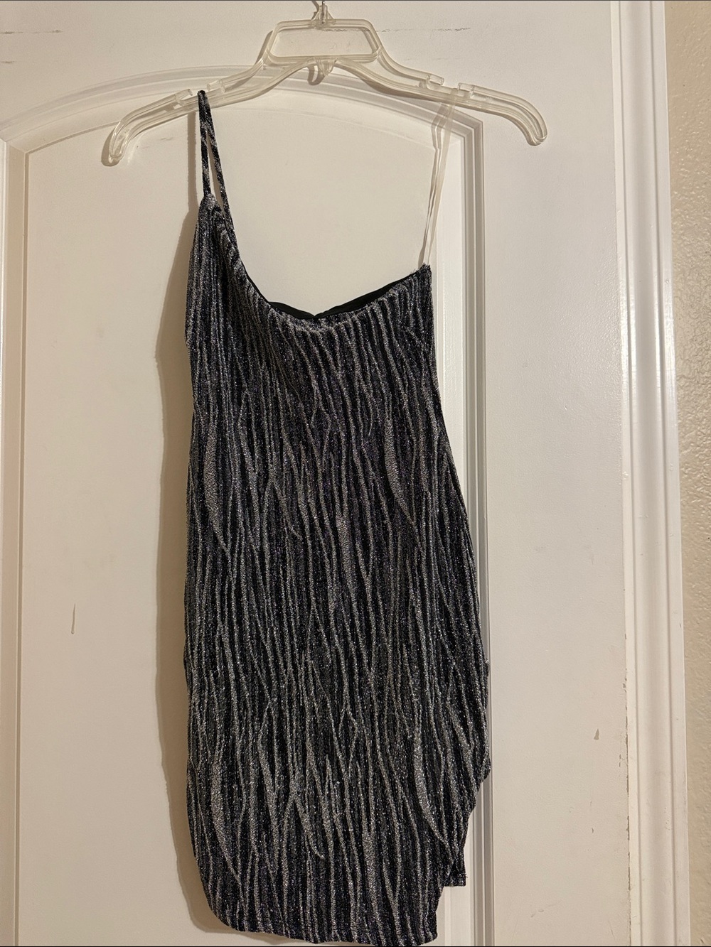 One-Shoulder Black Metallic Striped Mini Dress